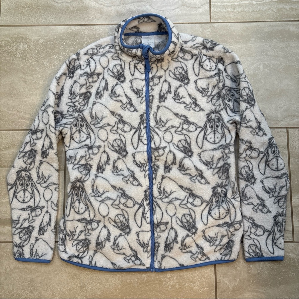 Disney Fleece Zip Up Jacket Adult Medium White Blue Eeyore Soft w/ pockets